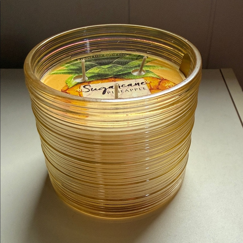 Yellow Ribbed Glass Candle sugarcane pineapple bath &